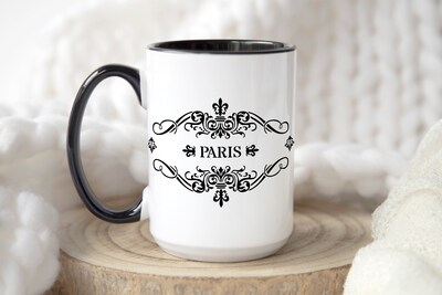 Paris Coffee Cup, French Mug, Fleur de Lys, Ceramic, Black, Classic, Vintage, Romantic, Parisienne, Travel Souvenir, Gift, 11oz, 15 oz - image3